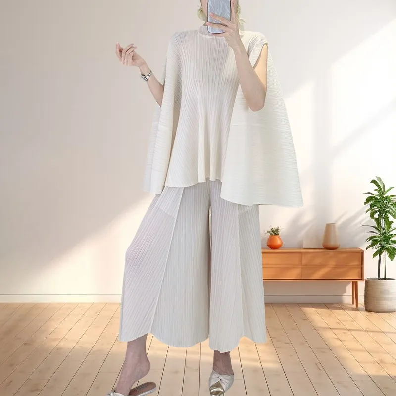 

Miyake Loose Pleated Women's Tops Set Simple Sleeveless Cape T-shirt High Waisted Wide Leg Pants 2-piece Set Large Size Stretchy