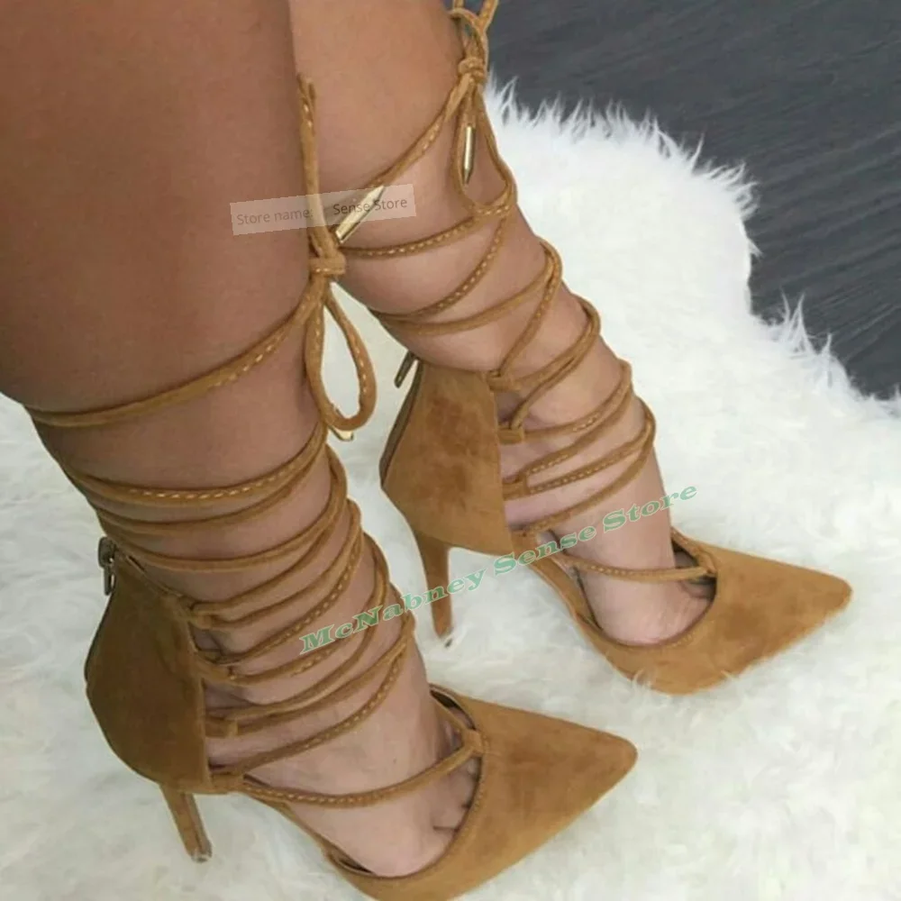 

Suede Cross Tied Straps Sandals Pointy Toe Solid Thin High Heels Lace Up Hollow Sandals Women Sexy Shoes Summer Party Designer