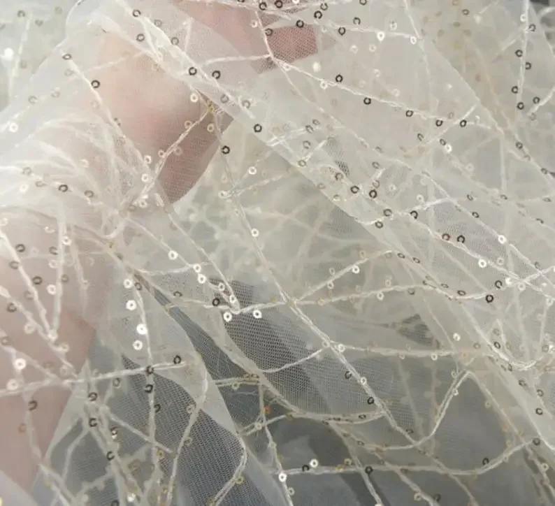 7 Colors Silver Sequins Embroidery Lace Fabric Sequin mesh Tulle Fabric For Girl Dress Tutu Dress Wedding Dress Bridal Veil