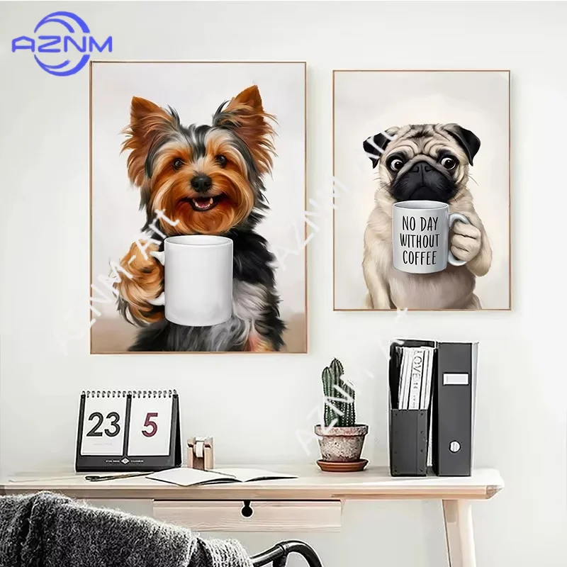 1/2 Stück Lustige Wandkunst Bilder Tier-Kaffee-Porträt Poster Leinwandkunst Faultier Mops Hund und Kaffee Wandbild Niedliche Heimdekoration Malerei