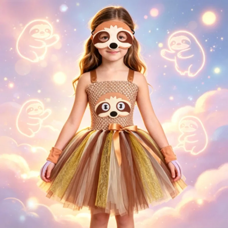 

Cute Sloth Girls' Tutu Skirt Festival Performance Dress-up Children's Clothing Set Halloween and Christmas Performance Costumes