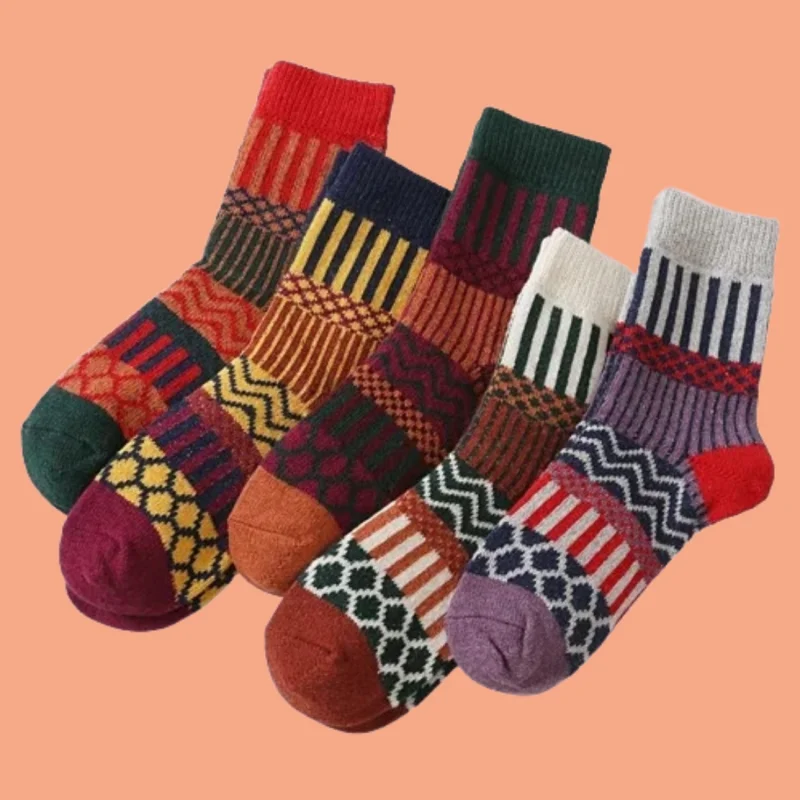 

5/10 Pairs Wool Socks Plus Velvet Thickened Winter Heat Storage And Warmth Knitted Socks Ethnic Style Wool Socks Retro Socks