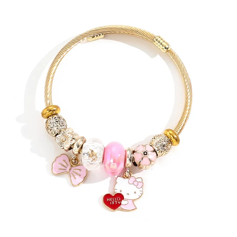 Brazalete de acero inoxidable Sanrio lindo Hello Kitty flor Bowknot pulseras con dijes para mujeres niñas accesorios encantadores regalos de joyería