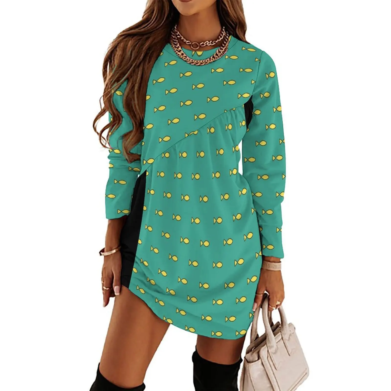 

Yellow Fish Pattern Long Sleeved Dress women long dresses dress women elegant luxury