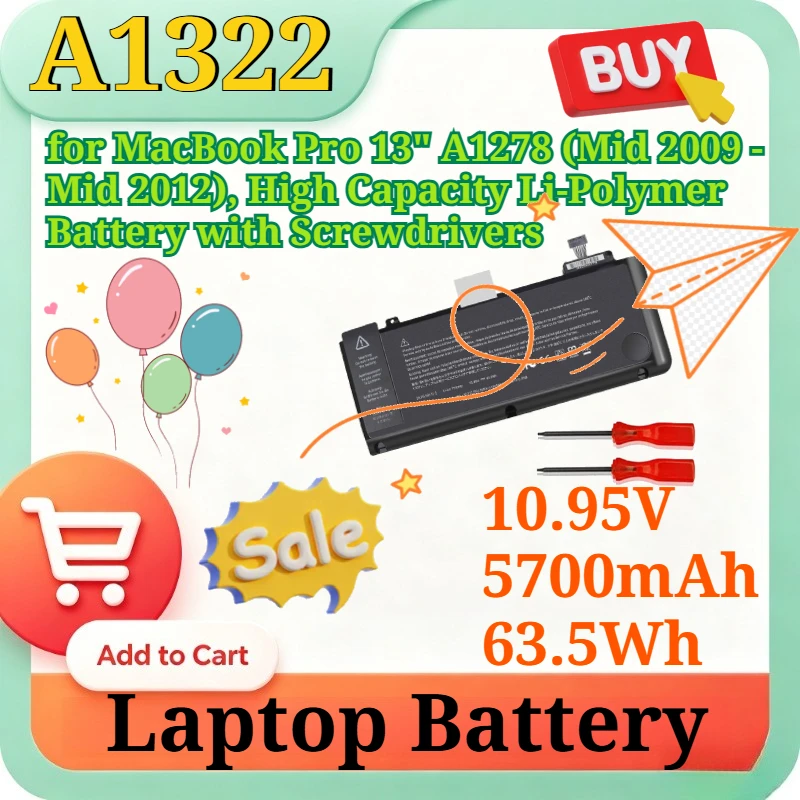 A1322 10.95V 5700mAh Replacement Laptop Battery for MacBook Pro 13