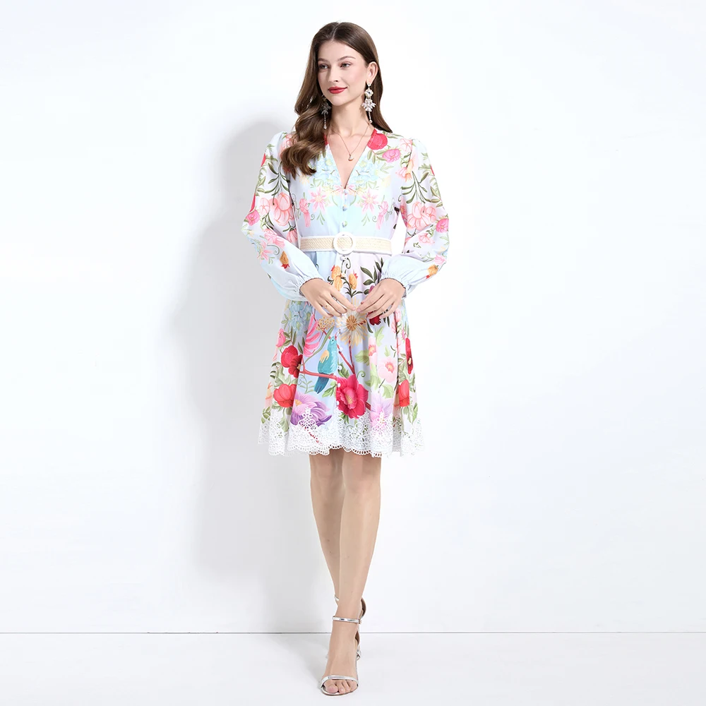 فستان نسائي أنيق بأكمام طويلة بتصميم أصلي لربيع وصيف 2025، مزين بالدانتيل المطبوع، ياقة على شكل V، أكمام واسعة، خصر ضيق، وتنو...