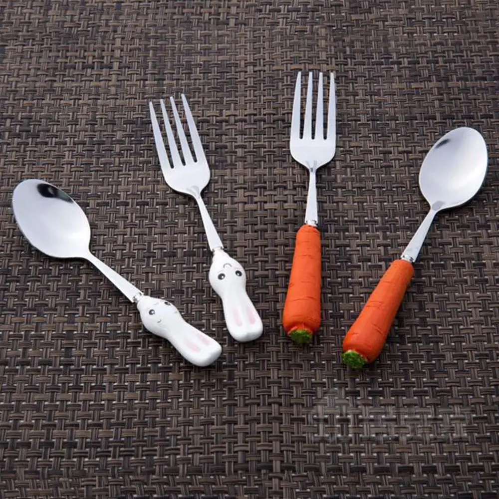 Cute Handle Stainless Steel Fork Carrot Rabbit Spoon Baby Tableware Baby Utensils Feeding Utensils