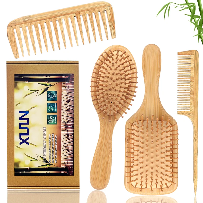 4pcs wooden comb professional air cushion hair loss massage brush, anti-static paddle pad bamboo comb Special for real hair wigs