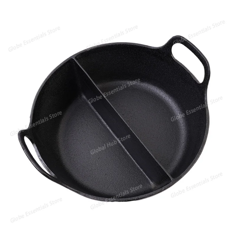 31cm Cast Iron Double-handle Flat-bottom Mandarin Duck Hot Pot – Large Capacity Dual-flavor Pot for Home & Commercial Party Use