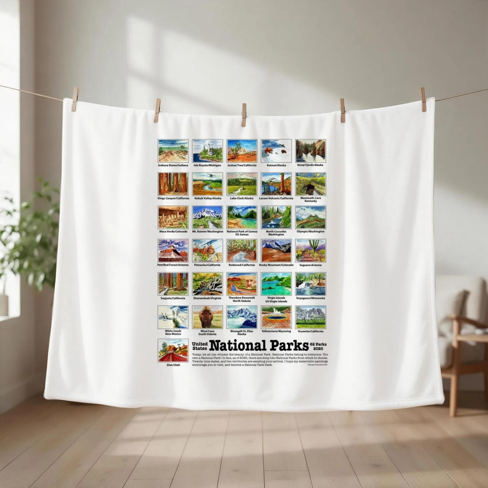 US National Parks I-Z, Watercolors Throw Blanket couch cozy soft plush fuzzy picnic outdoor blanket