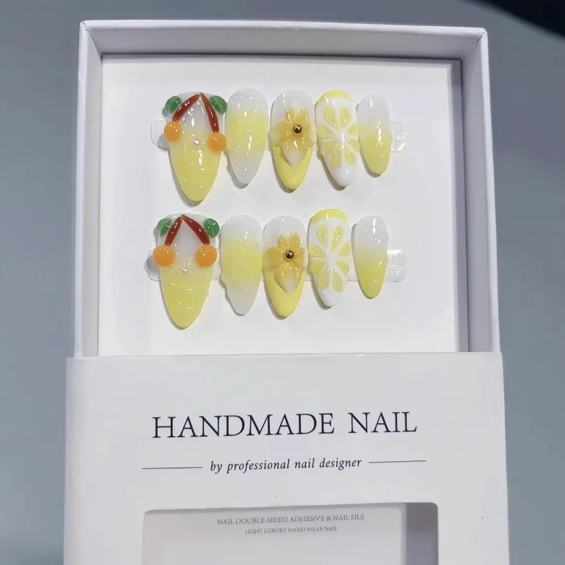 

10PCS Summer Blue French Press on Nails Handmade Fresh 3D Lemon Almond False Nails Cute Fruit Yellow Bowknot Lace Fake Nails Art