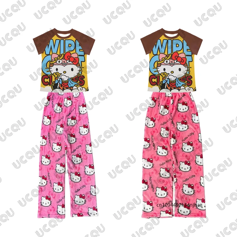 女性のズボン ジャージ 漫画 ハローキティ Y2K ゴシック プリント Tシャツ + パジャマ パンツ セット カジュアル カップル スーツ 2 ピース 衣装