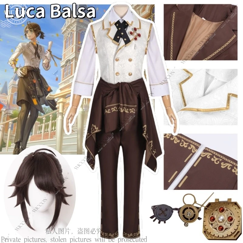 Luca Balsa Prisoner Game Identity V Cosplay Kostüm Perücke Brille Zubehör Abschlussfeier Tag Komplettset Herren Halloween Party Anzug