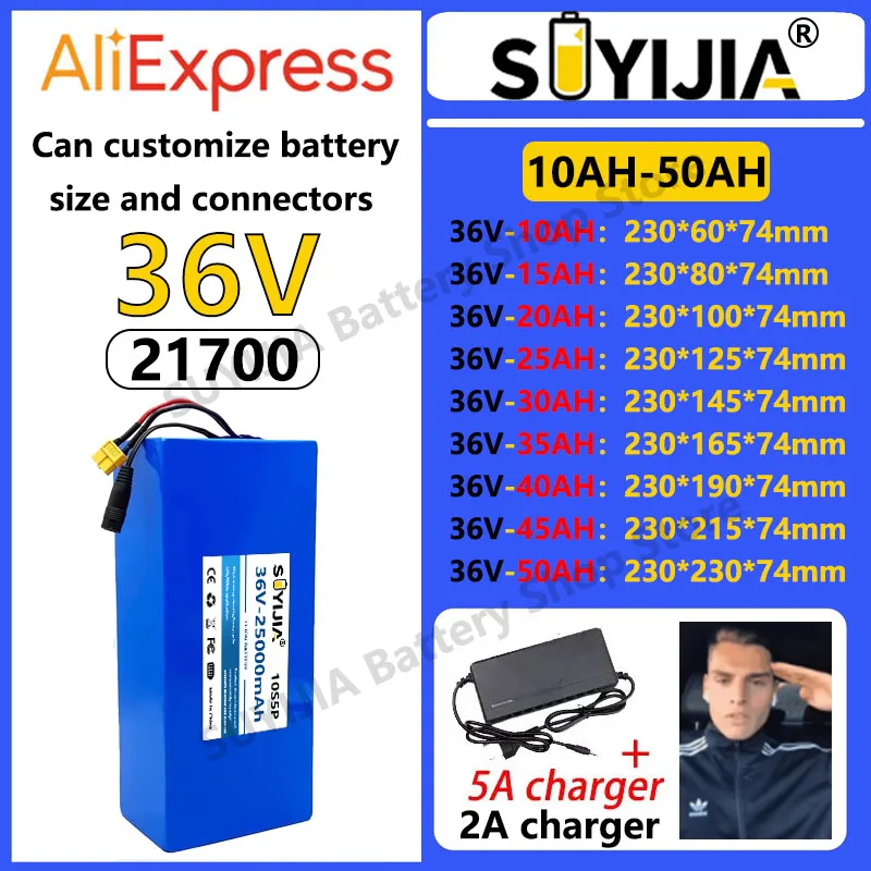 21700 Lithium Battery, 36V 50Ah 45Ah 20Ah 25Ah 30Ah 35Ah 40Ah 15Ah 10Ah High-power Battery Pack 500-1500W, BMS+charger