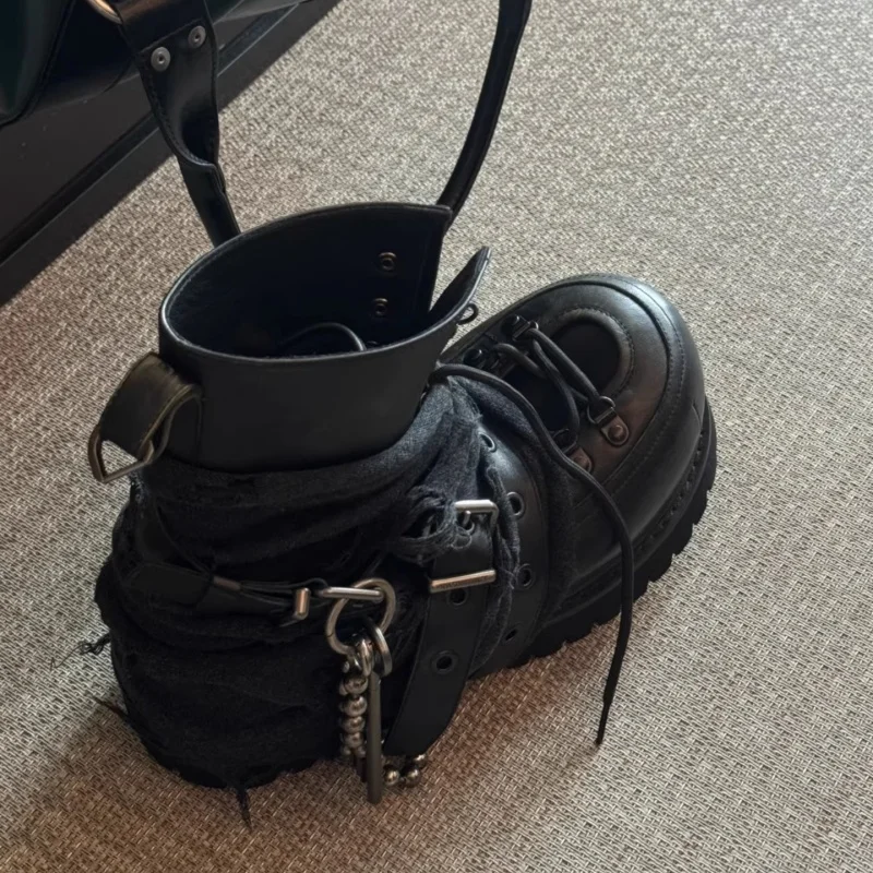 Black Dark Industry Short Boots Punk Short Boots for Men and Women Thick Soled Tall Short Boots Bundled Metal High Top Shoe image 3