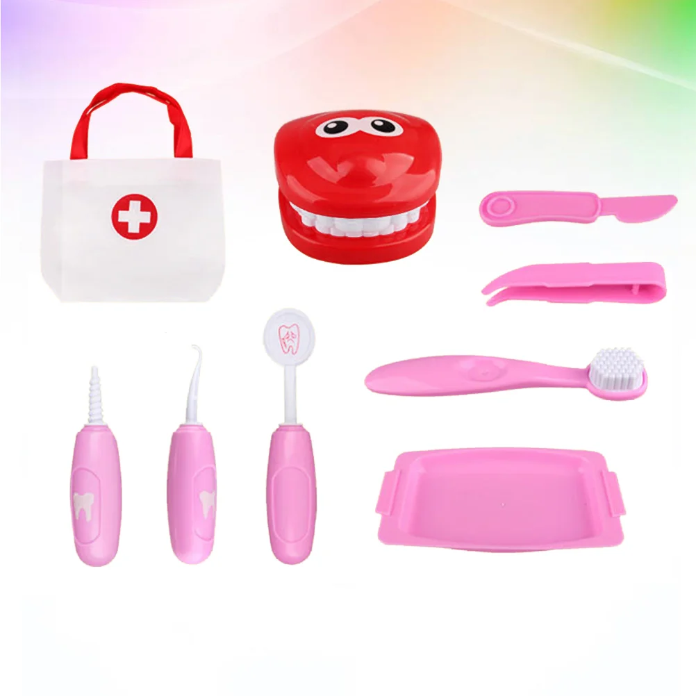 9 pçs dentista brinquedo simulação escovação dentadura jogo equipamento médico do bebê brinquedo fingir jogar médico brinquedo (rosa)