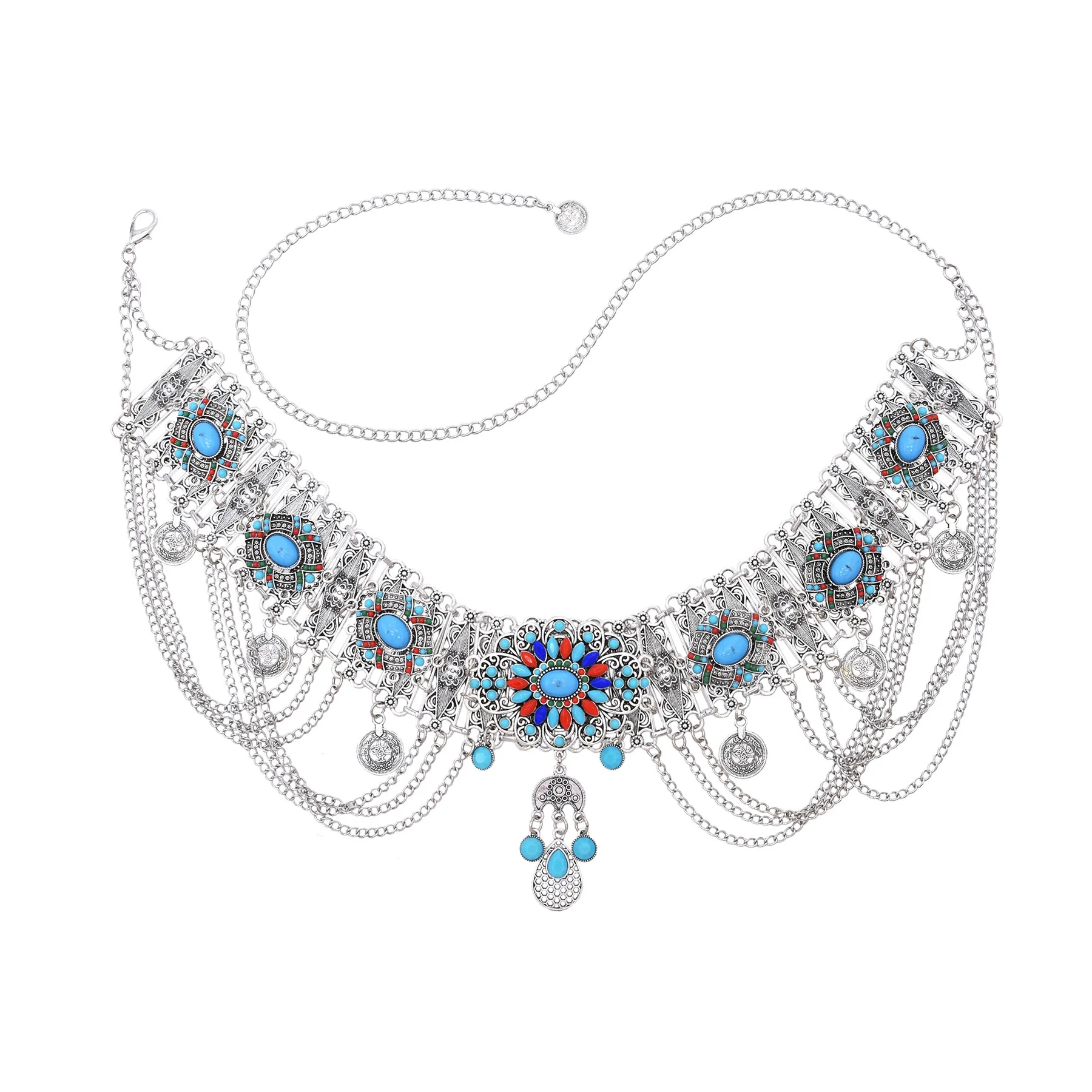黒青アクリルビーズフラワーコインロングタッセルウエストベリー - Body Jewelry Indian のレビューと価格