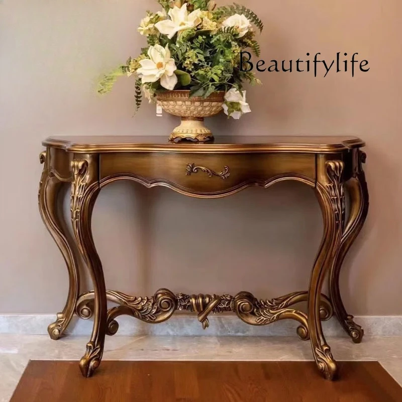 

American style, entrance hall, entrance cabinet, solid wood retro carved entrance table, European-style villa decoration