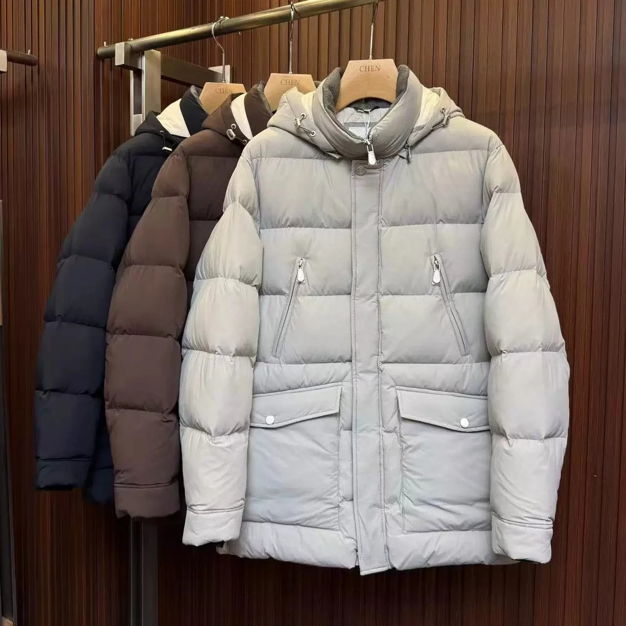 Italy BC old money style men's medium and long hooded down jacket casual windproof jacket