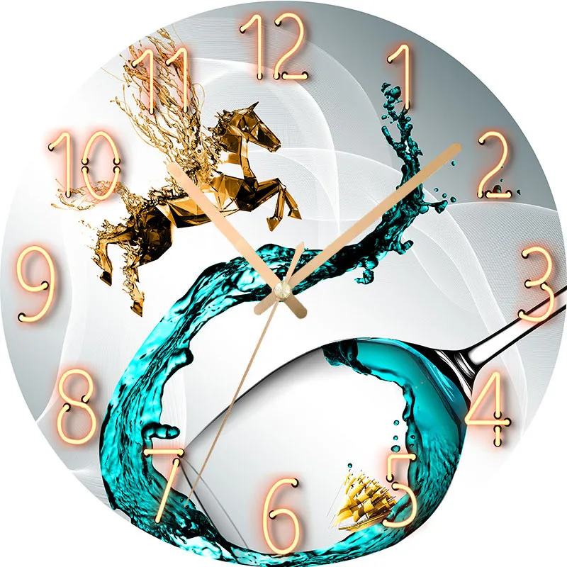 Nordic Light Luxury Wall Clock Horse Wine Living Room Bedroom Creative Fashion Decoration Mute Simple Glass Clocks Dial 30cm