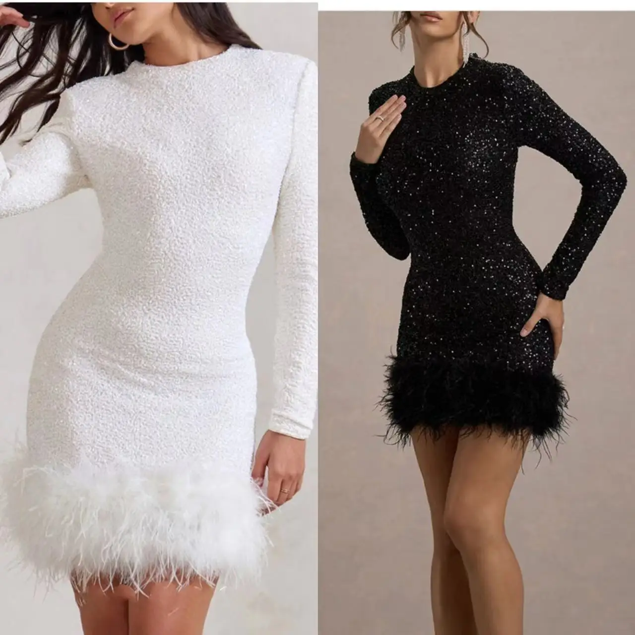 

2025 Dress Women Female Clothing Fashion Women's Sexy Dress Long Sleeve Solid Color Sequin Feather Dress Round Neck Female