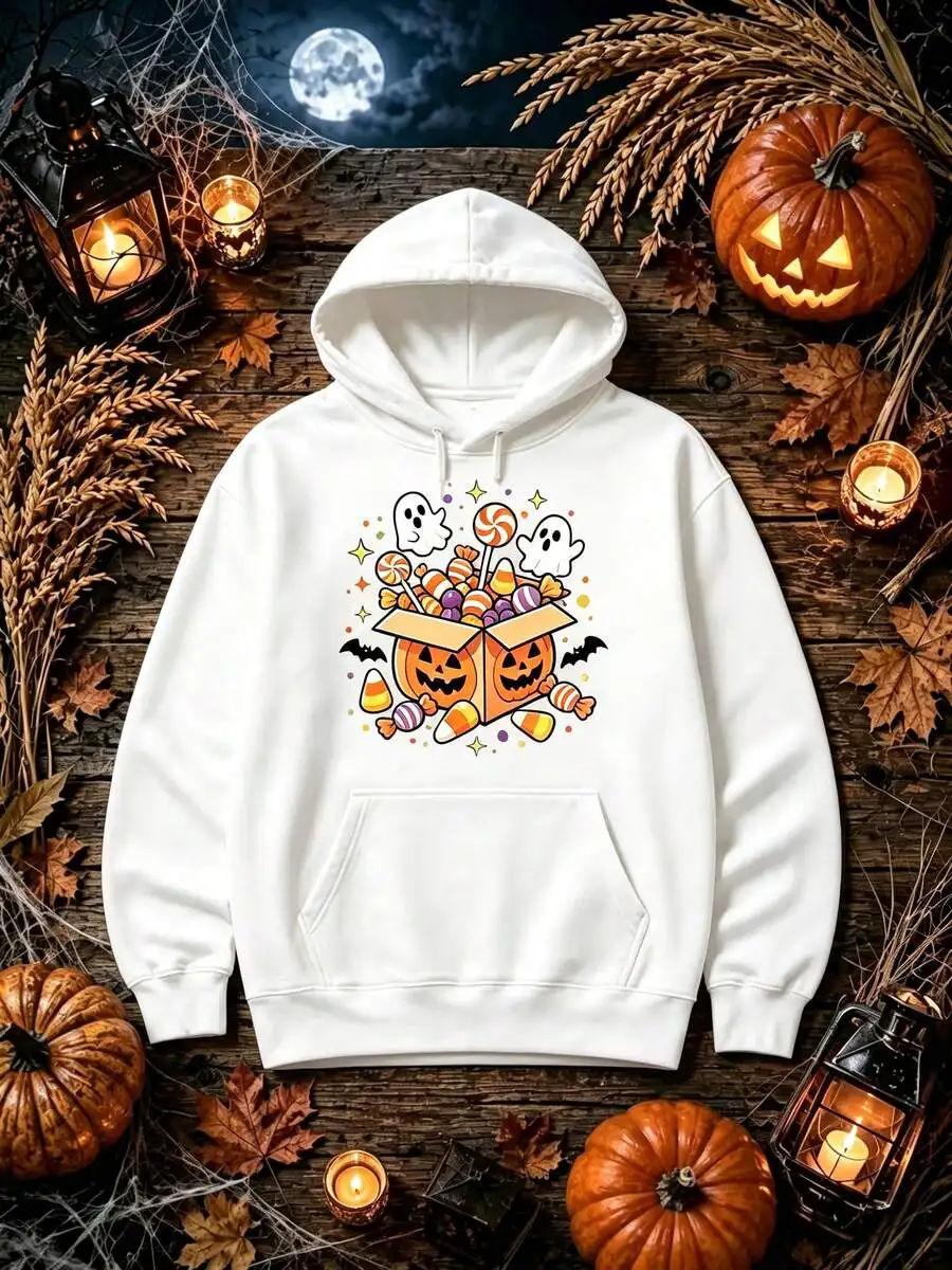 Mens Clothes Ghost Pumpkin Candy Box Halloween Graphic Hoodie, Funny Spooky Season Long Sleeve Drawstring Pocket Hoodies For Men Casual Autumn Outfits
