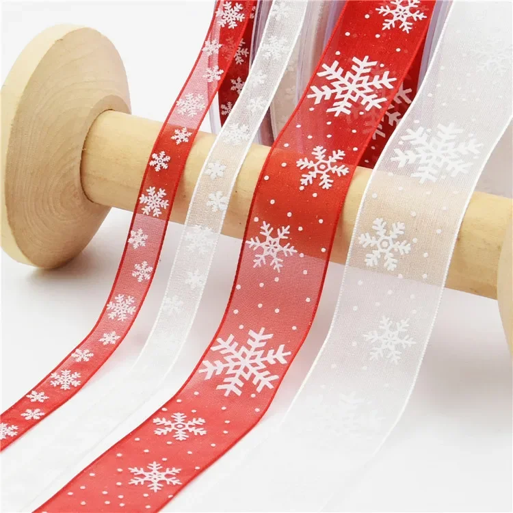 10mm 25mm Organza Ribbon Snowflake Christmas Ribbons for Handmade DIY Gift wrapping decoration wholesale 10meters/lot