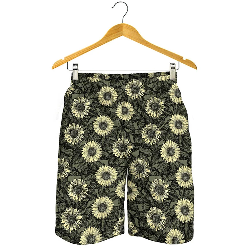 Shorts de praia de girassol preto e branco para homens, plantas 3D impressas, calções de natação gráficos florais, venda quente