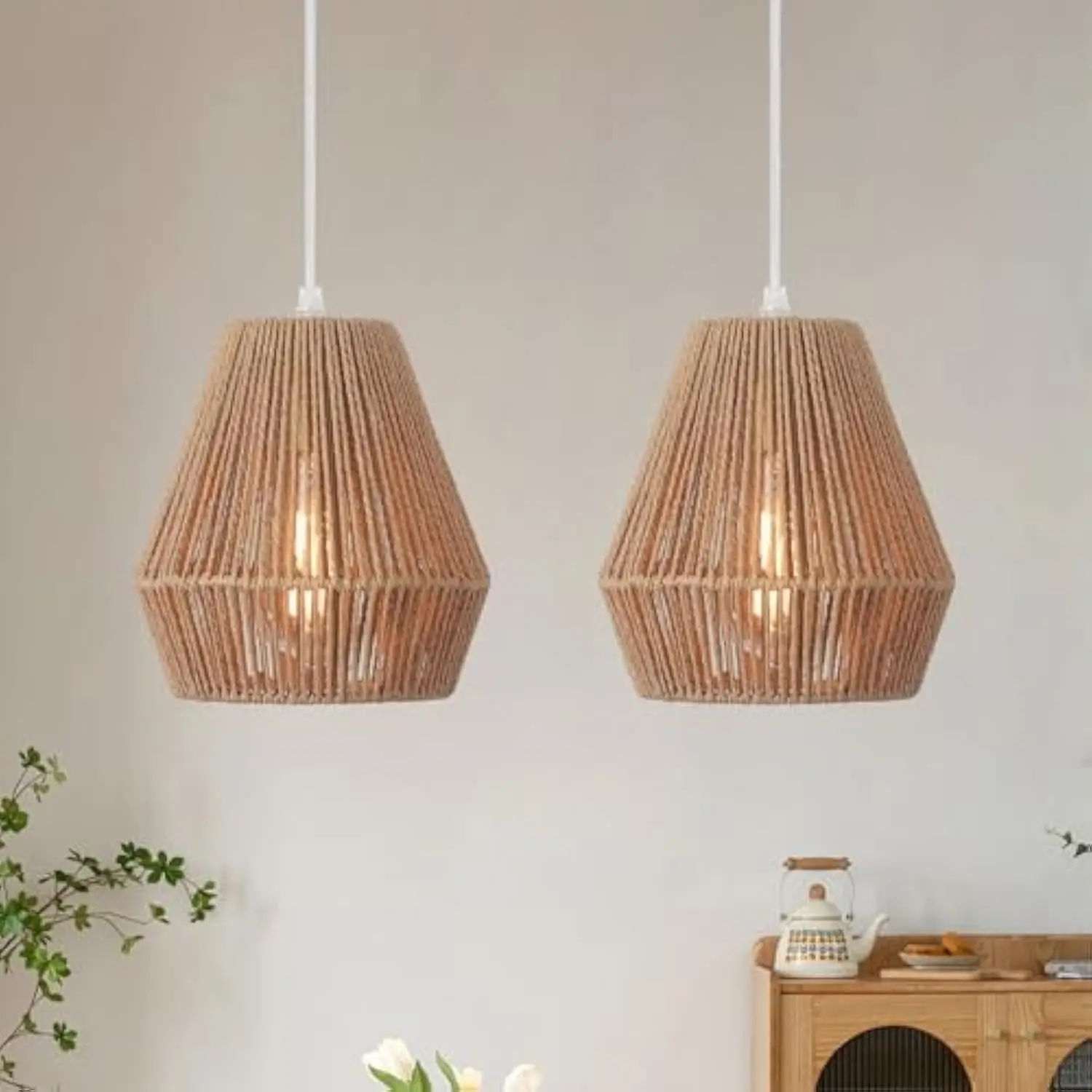 

2 Pack 7'' Woven Pendant Lights, Boho Chandelier with Hand Woven Wicker Shade, Rustic Farmhouse Pendant Lights for Kitchen Isla