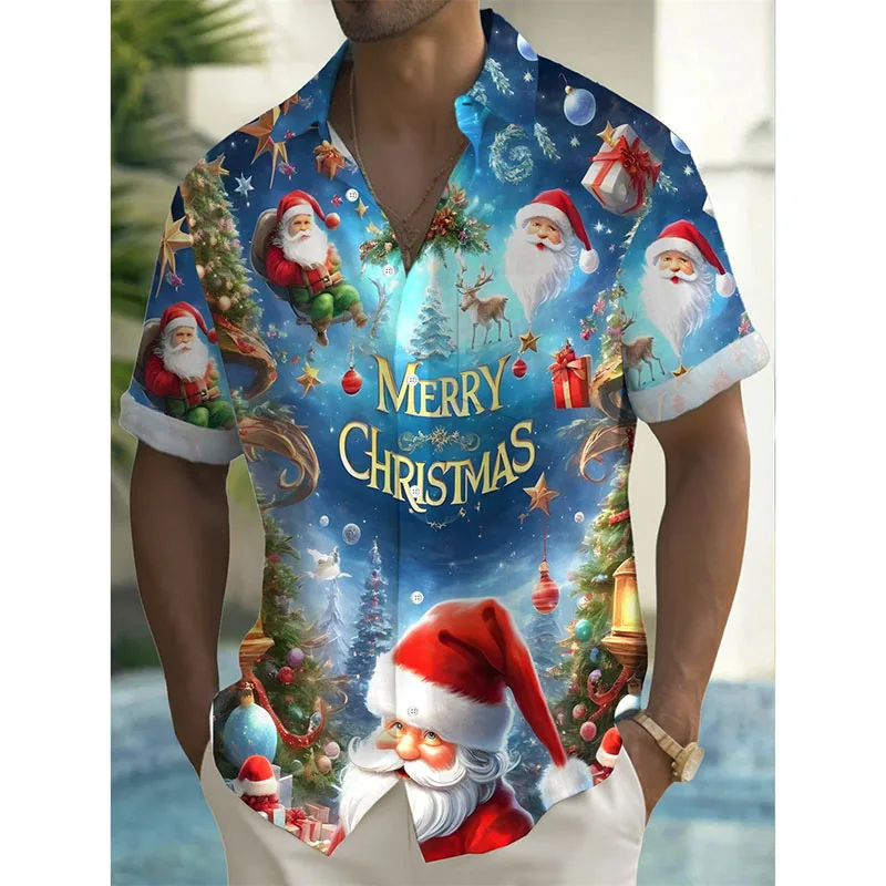 

Christmas Funny Personality 3D Print Santa Claus Shirts for Men Cartoon Gingerbread Candy Pattern Print Short Sleeve Shirt Xmas