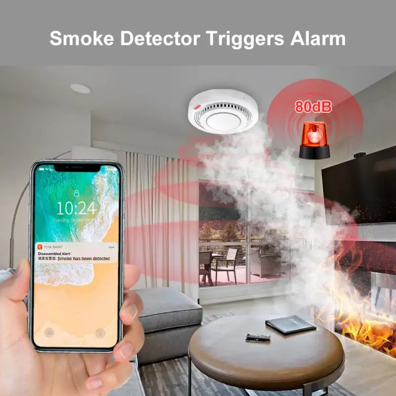 Tuya inteligente zigbee sensor de fumaça proteção contra incêndio detector de fumaça 85db sistema de segurança sonora bombeiros trabalho precisa zigbee gateway