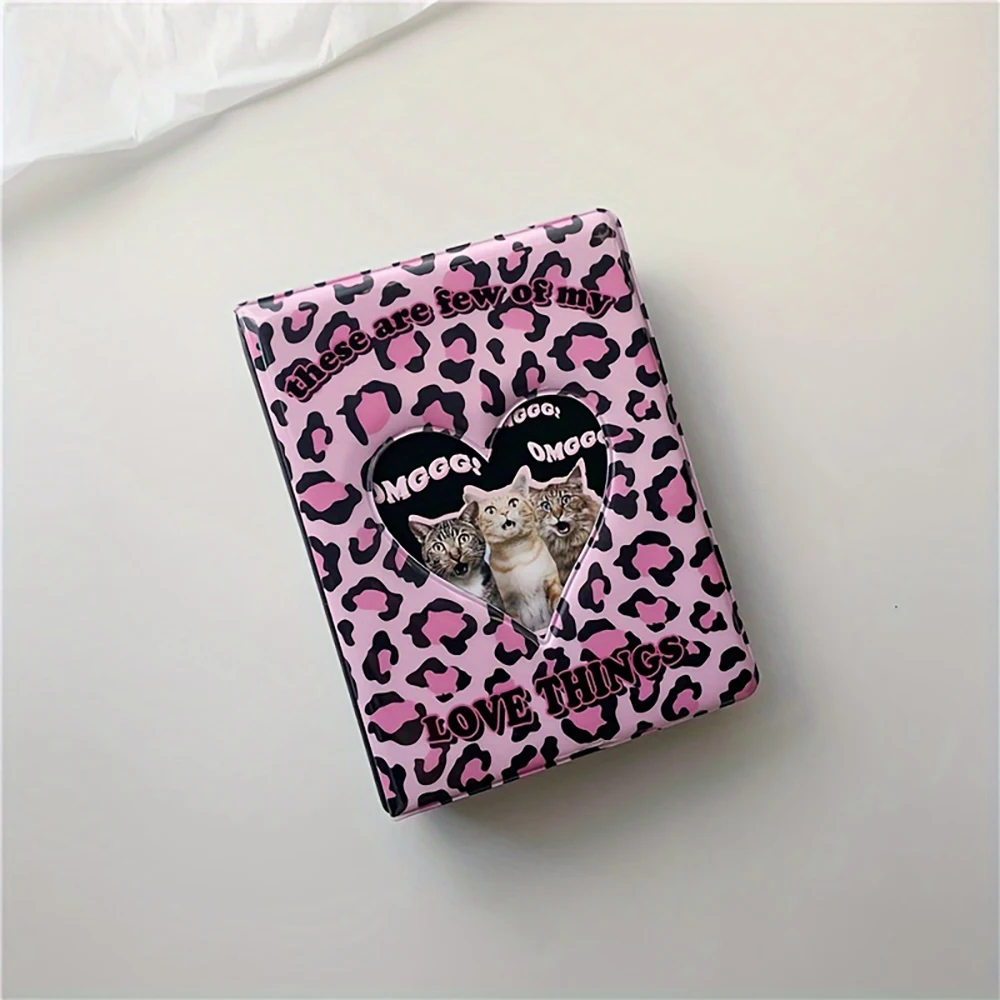 1pcs Pink Purple Leopard Print Cat Card Love Hollow 3 inch Album Stargazer Small Card Girl Heart Storage Book