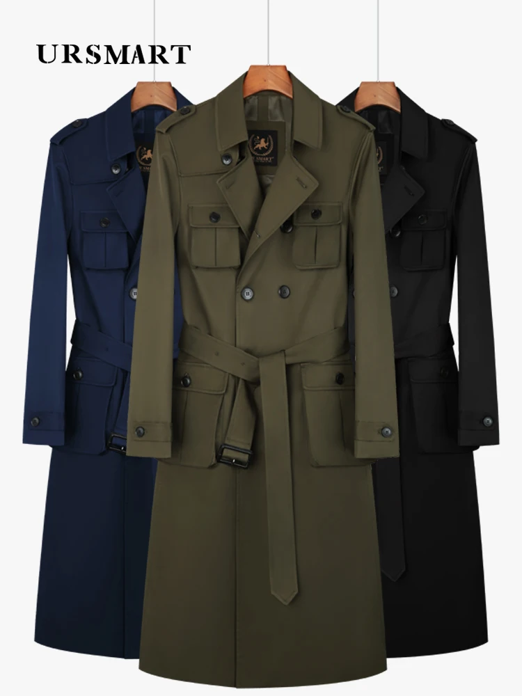 

long knee length trench coat for men's fashion multiple pockets double breasted split back British tough and thick inner liner