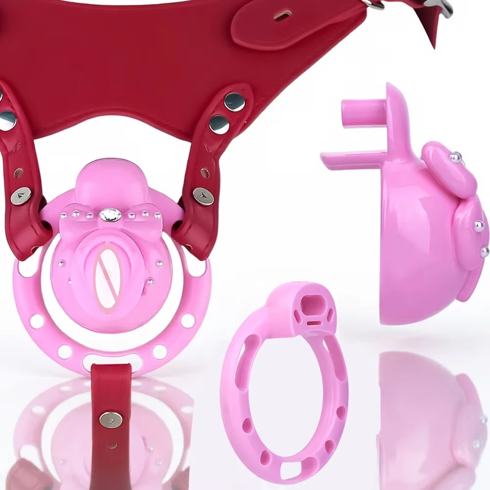ORALSX Pink Bow Male Chastity Device Penis Bondage Cage Cock Lock with 4 Size Penis Ring Adult Games Sex Toys for Men Sissy