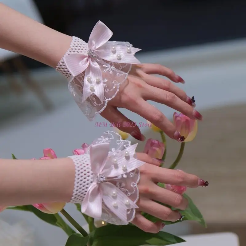 49ME Lolitas Sheer Gloves Hand Sleeves Women Pearls Bows Ruffle Wrist Cuffs Elastic Bracelet for Halloween,Wedding,Masquerade