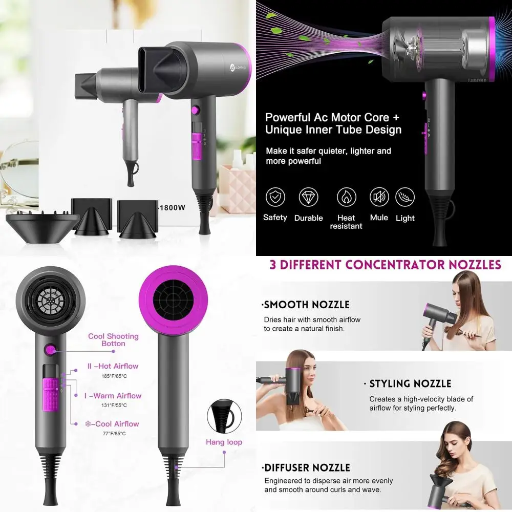 

Мощный ионный фен 1800 Вт с 2 насадками и диффузором для быстрой сушки и бесшумной работы