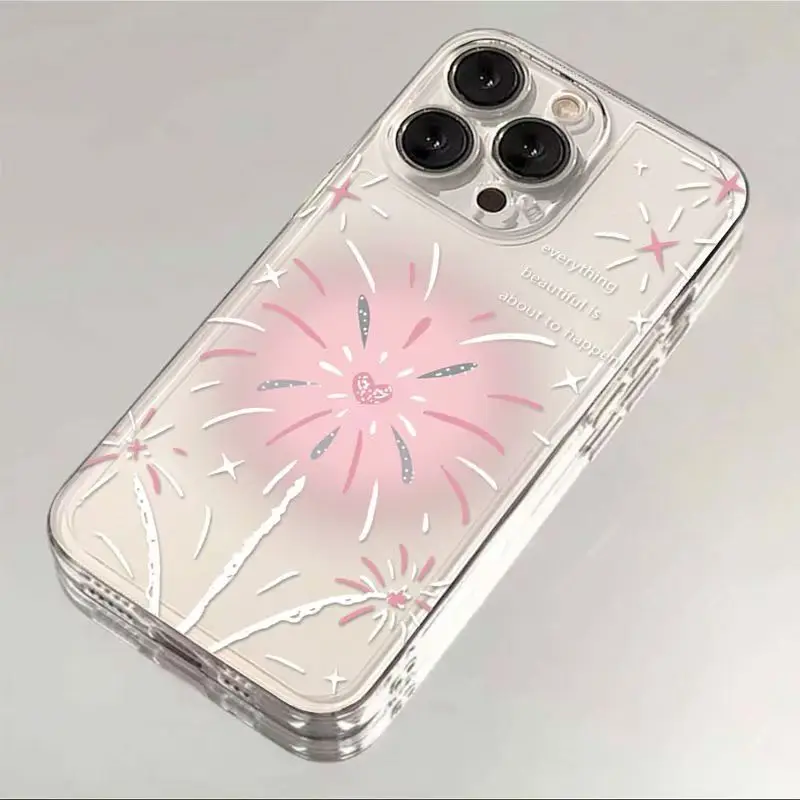 Pink Xmas Tree Fireworks Phone Case For iPhone 16 15 14 13 12 11 Pro XS MAX 7 XR 8 7 Plus Clear Cover Fundas
