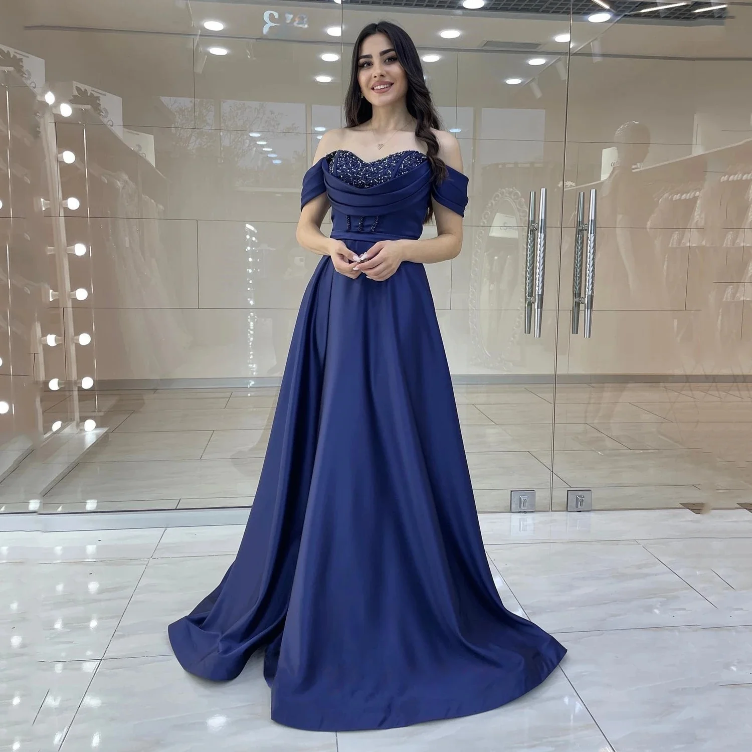 

Blue Beaded Party Long Bespoke Occasion Gown Evening Dresses Prom Pastrol Unisex Jersey Retro Dubai Saudi Arabic Customized