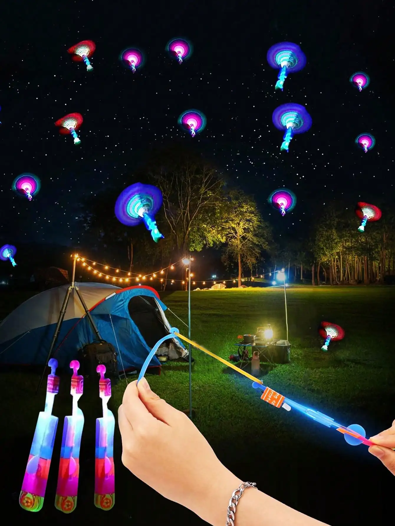 

12/6/4/1pc Outdoor Multi-Color Random Light-Emitting Rocket Flying Night Lights, Flashing LED Lights, Glowing Flying Toy Slingshots, Elastic Helicopter Rotating Toys, Interesting Games, Suitable For Camping Games, Friends' Parties, Party Gifts, Holiday Gi