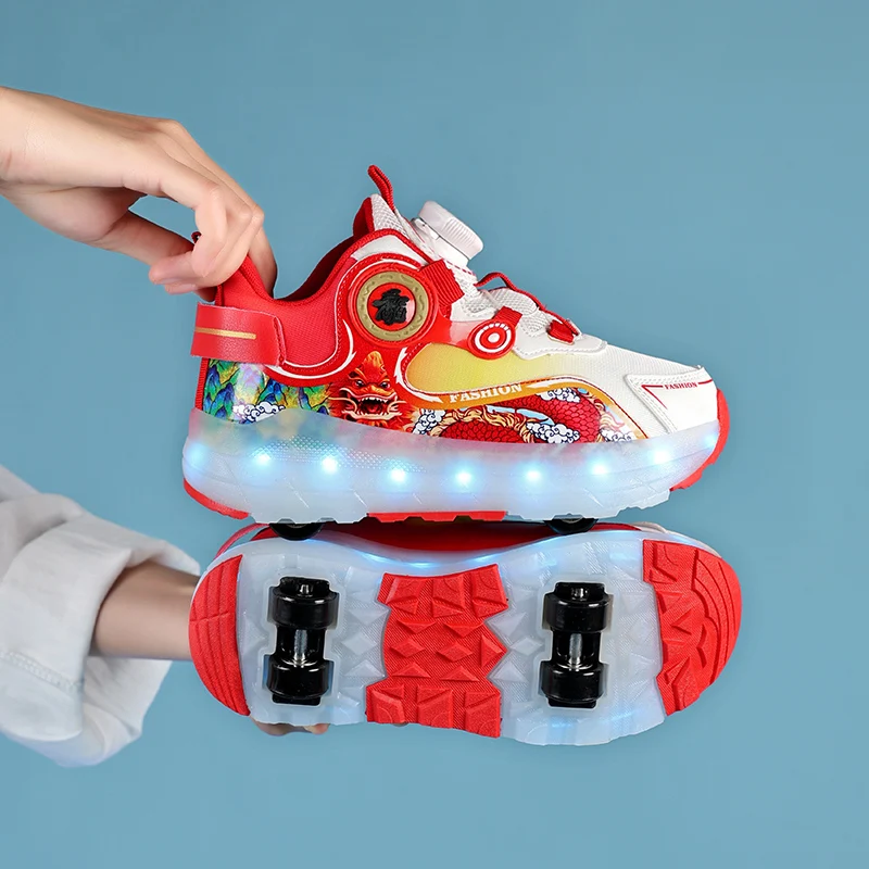 Kinderen Vier Wielen Lichtgevende Gloeiende Sneakers Zwart Roze Led Licht Rolschaats Schoenen Kinderen Led Schoenen Jongens Meisjes USB Opladen