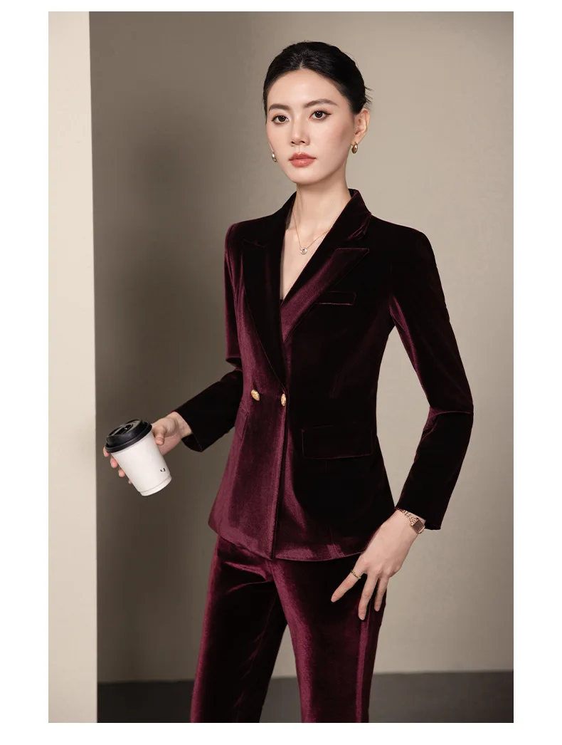 

High Quality Fabric Autumn Winter Fashion Velvet Formal Women Business Suits OL Professional Pantsuits Office Work Wear Blazers
