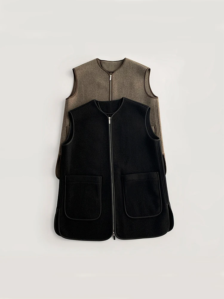 T0*tem* Women Vest Jackt V-neck Cardigan Zipper Loose Winter Wool Black Brown Long Length O-Neck Sleeveless