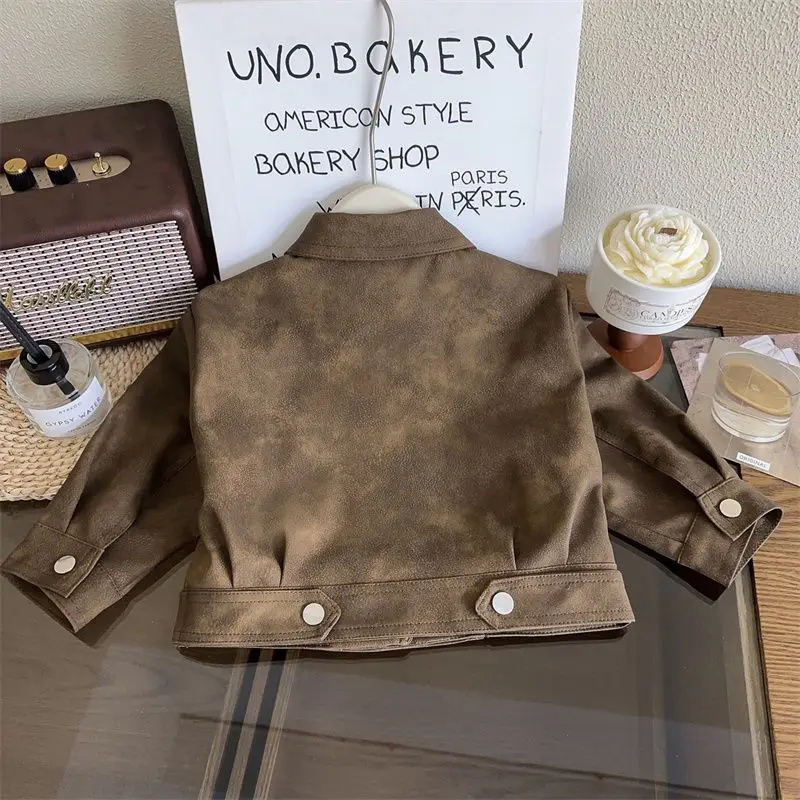 Children\'s Coats Korean Version Leather Jacket Vintage Biker Wear with Loose Lapels for Kids Baby Girl Winter Clothes