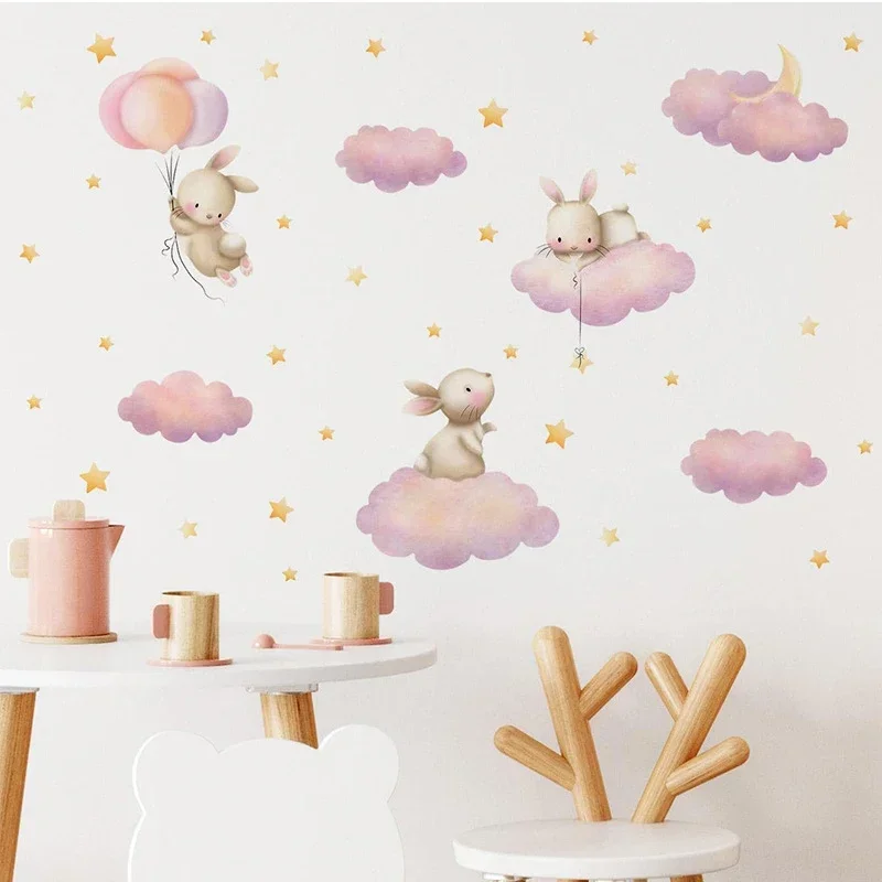 Kawaii Cartoon Bunny Pink Clouds Stars Watercolor Children Stickers Vinyl Nursery Wall Decals Kids Girls Baby Room Home Decor