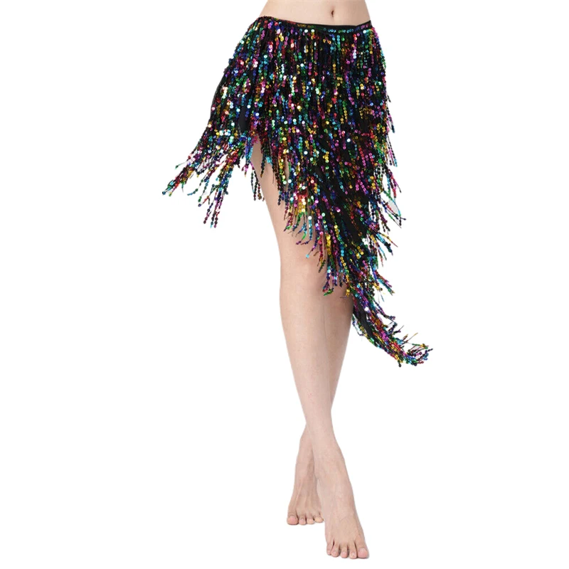 Bauchtanz-Hüfttuch für Damen, Pailletten-Quasten-Wickelrock, Asymmetrischer Hüftgürtel, Glänzender Schimmerrock für Festival, Party, Aufführung, Y2K-Tanz – Detail 3