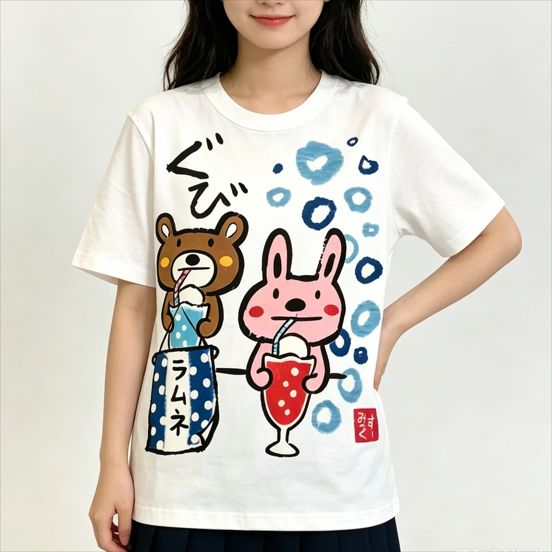 Preppy Style Sweet Cotton Short Sleeve T-Shirt Japanese Hand Drawn Cartoon Print Bear Rabbit Panda Animal Graphic Kawaii Tees