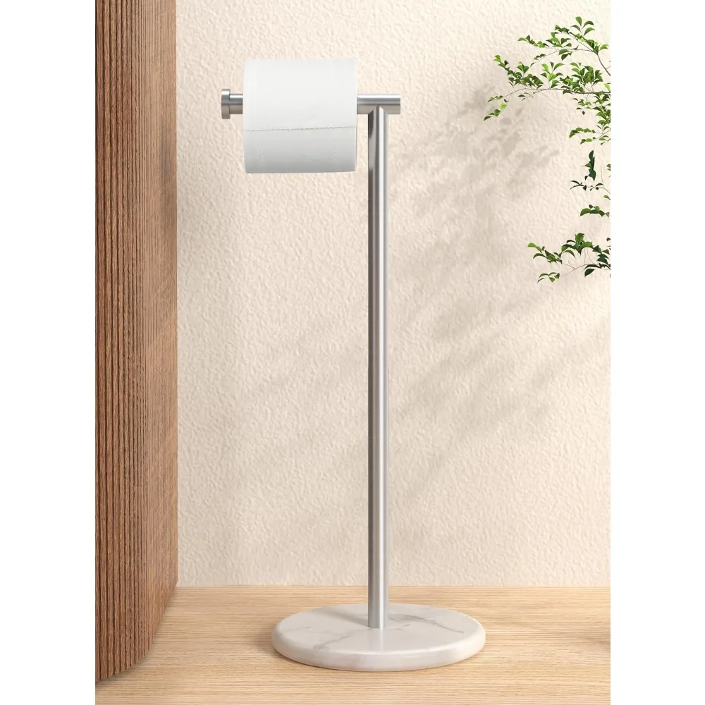 

Modern White Freestanding Toilet Paper Roll Holder with Natural Marble Base