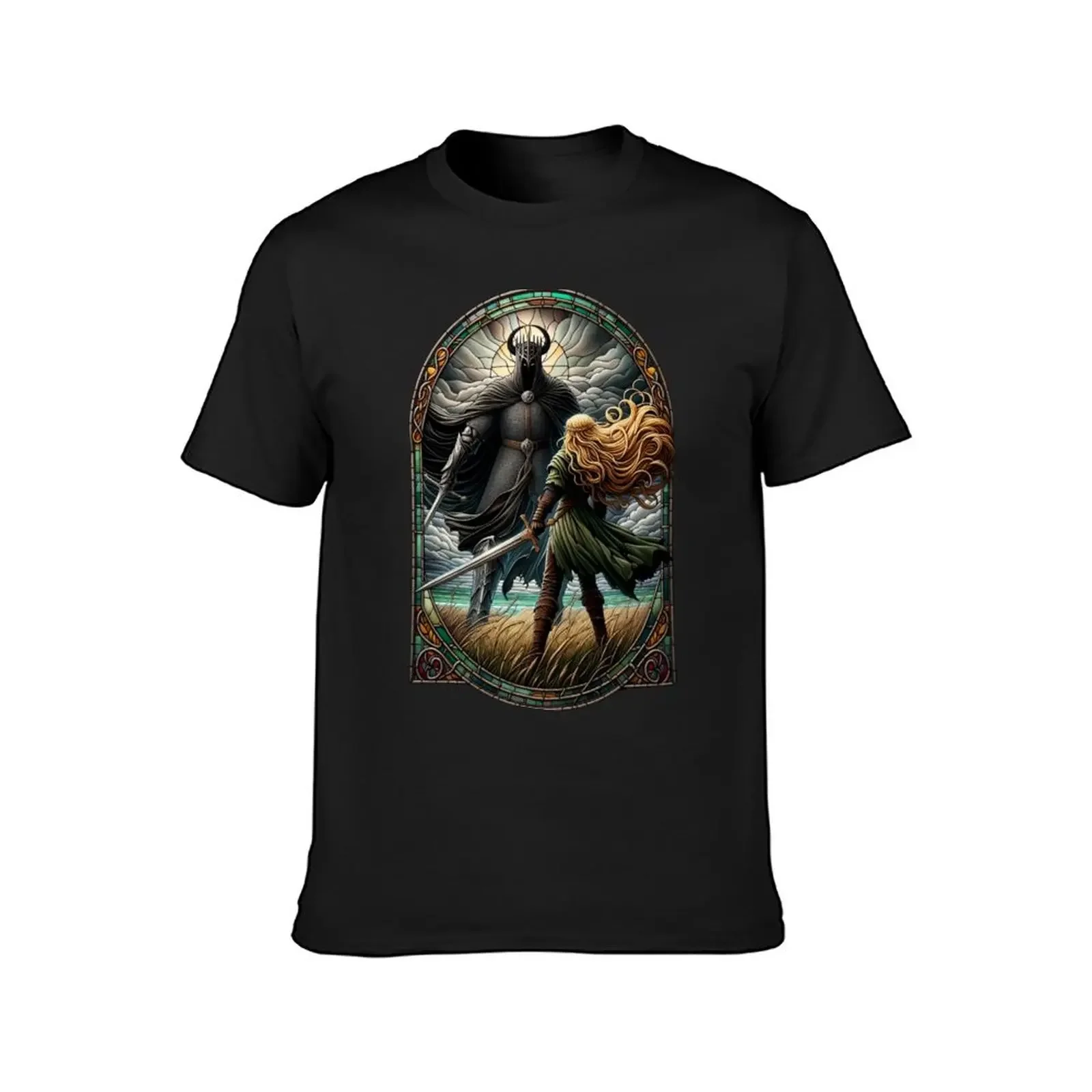 Epic Duel in Stained Glass - A Fierce Maiden and a Dark Wraith - Fantasy T-Shirt hippie clothes T-shirts for men cotton