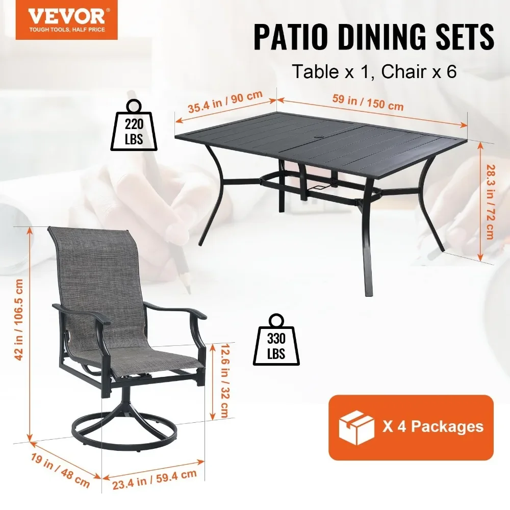 2024 New  7 Pieces Patio Dining Set, Outdoor Furniture Table and Swivel Chairs Set, All Weather Garden Furniture Table Sets