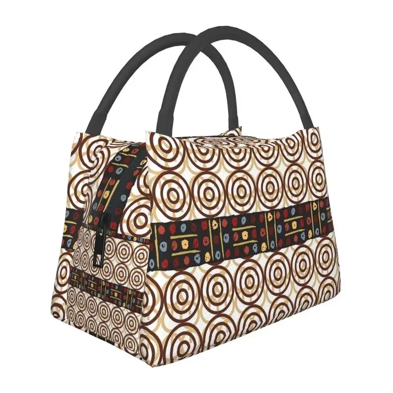 African Brown Kitenge Fabric Print Insulated Lunch Bag for Work Office Kanga Portable Thermal Cooler Bento Box Women